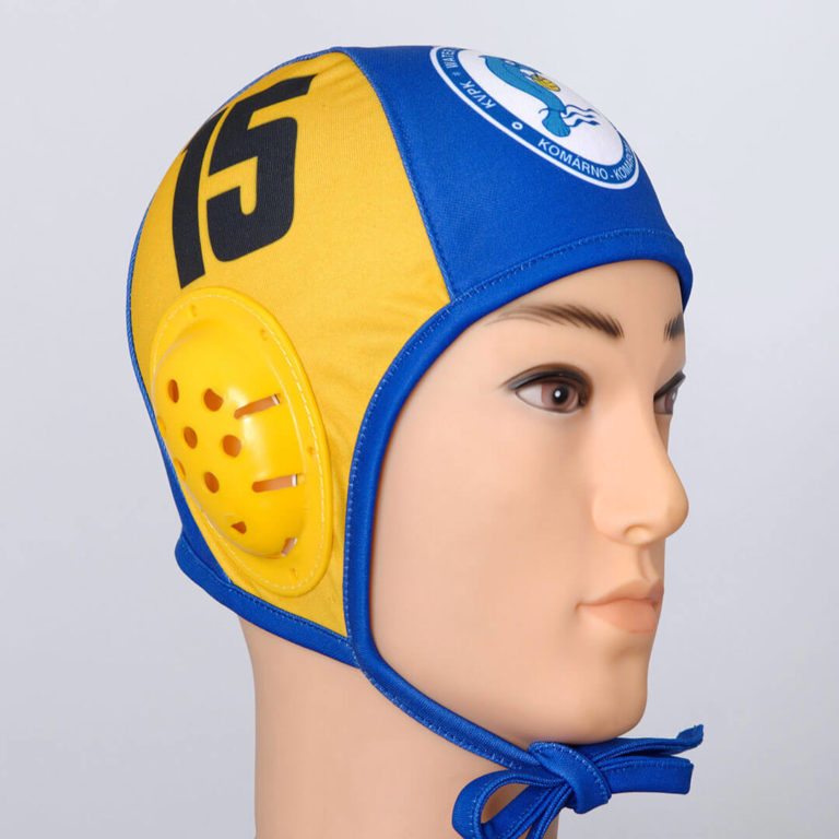 Yellow and blue water polo cap.