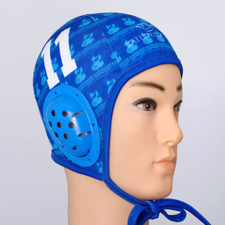 Blue woman's custom water polo cap.